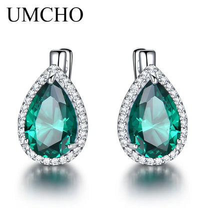 UMCHO Green Emerald Gemstone Clip Earrings 925 Sterling Silver Earrings For Women New Fashion Oval Birthstone Fine Jewelry Gift