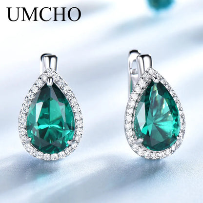 UMCHO Green Emerald Gemstone Clip Earrings 925 Sterling Silver Earrings For Women New Fashion Oval Birthstone Fine Jewelry Gift