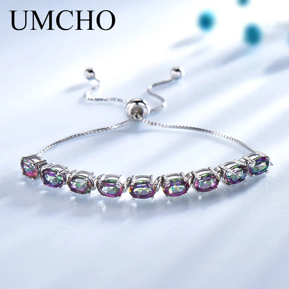 UMCHO 9ct Mystic Topaz Pure 925 Sterling Silver Chain For Women Fine Jewelry Adjustable Bracelet Mothers' Day Gift New