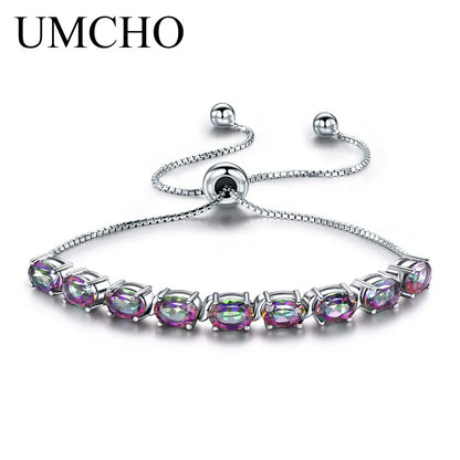 UMCHO 9ct Mystic Topaz Pure 925 Sterling Silver Chain For Women Fine Jewelry Adjustable Bracelet Mothers' Day Gift New