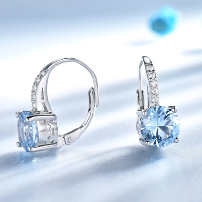 UMCHO Real 925 Sterling Silver Clip Earrings For Women Gemstone Sky Blue Topaz Female Earrings Round Wedding Valentine's Jewelry