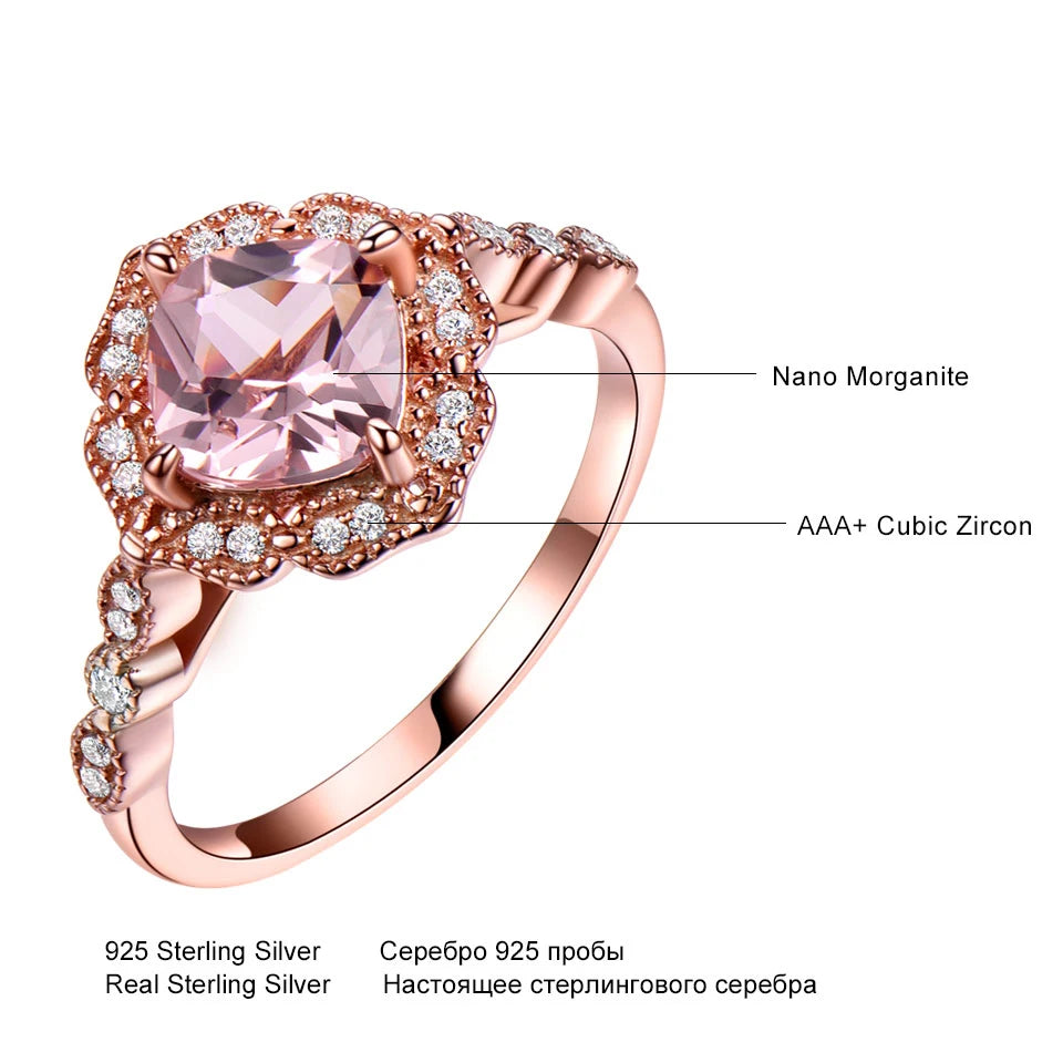 Nano Morganite Rings 925 Sterling Sliver Ring Rose Gold Plated 5A Zircon Beautiful Woman's Acessories