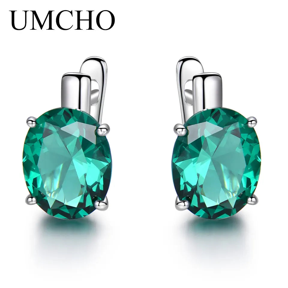 UMCHO Oval Emerald Gemstone Clip Earrings for Women Solid 925 Sterling Silver Earrings Princess Wedding Engagement Fine Jewelry