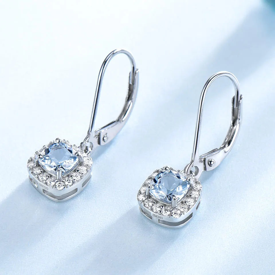 UMCHO Solid Sterling Silver Clip Earrings For Women Aquamarine Blue Topaz Earrings Christmas Jewelry Wedding Gift With Box