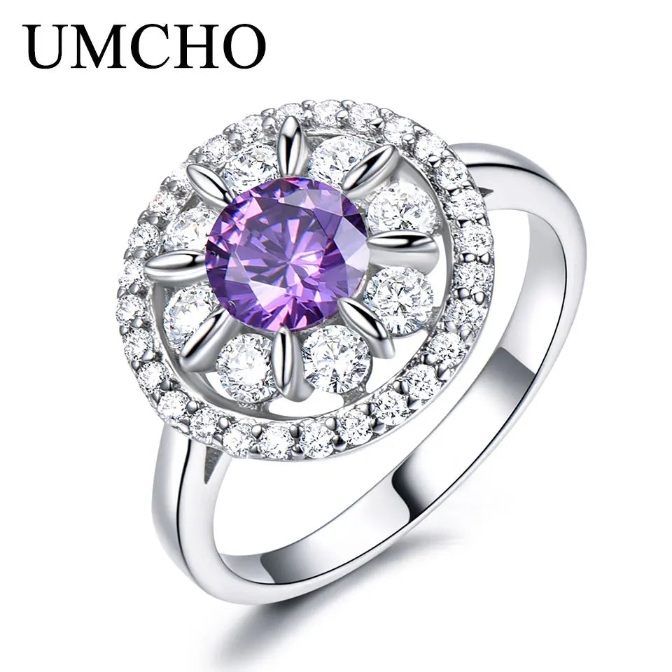 UMCHO  S925 Sterling Silver Rings for Women Amethyst Ring Gemstone Aquamarine Cushion  Romantic Gift Engagement Jewelry