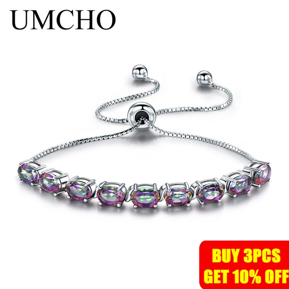 UMCHO 9ct Mystic Topaz Pure 925 Sterling Silver Chain For Women Fine Jewelry Adjustable Bracelet Mothers' Day Gift New