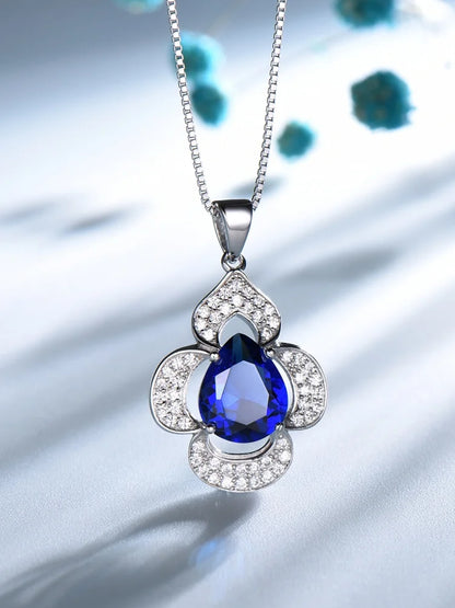 BLue Sapphire Pendant Flower Necklace for Women 925 Sterling Silver Pendants New 2025
