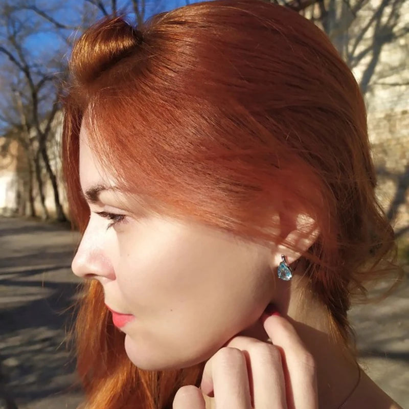 UMCHO Luxury Nano Gemstone Blue Topaz Clip Earrings For Women 925 Sterling Silver Clip On Earrings Water Drop Fine Jewelry Gift