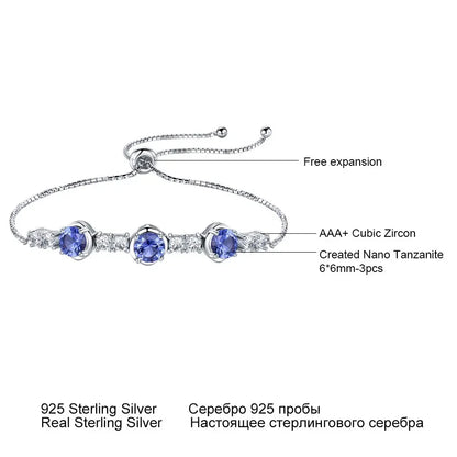 Nano Tanzanite Bracelet 6mm Round Bracelets Adjustable Bracelets for Women 925 Sterling Silver Bangle for Women Fashion Jewelry