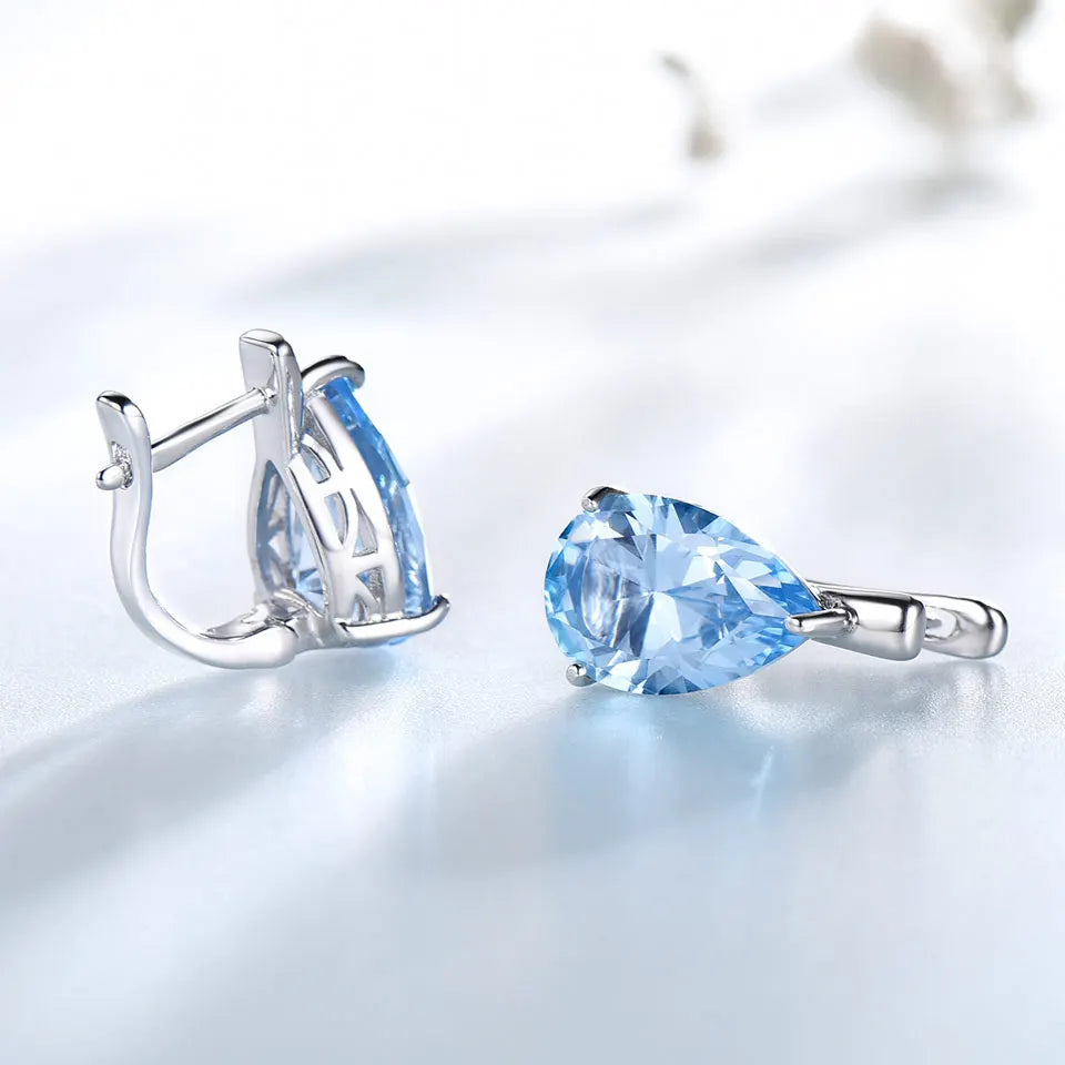 UMCHO Luxury Nano Gemstone Blue Topaz Clip Earrings For Women 925 Sterling Silver Clip On Earrings Water Drop Fine Jewelry Gift