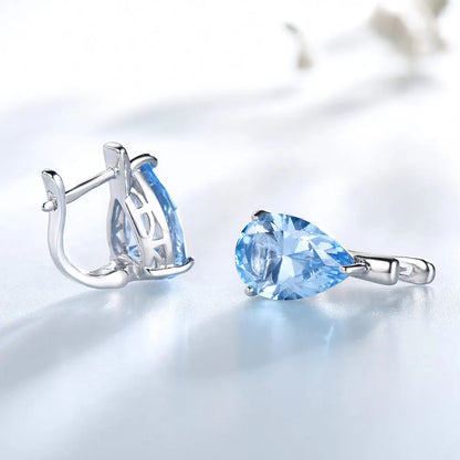 UMCHO Luxury Nano Gemstone Blue Topaz Clip Earrings For Women 925 Sterling Silver Clip On Earrings Water Drop Fine Jewelry Gift