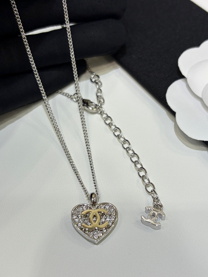 CHN109  Women's 26P Full Diamond Love Double C Earrings Necklace Set Jewelr