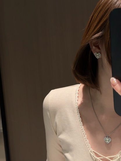CHN109  Women's 26P Full Diamond Love Double C Earrings Necklace Set Jewelr