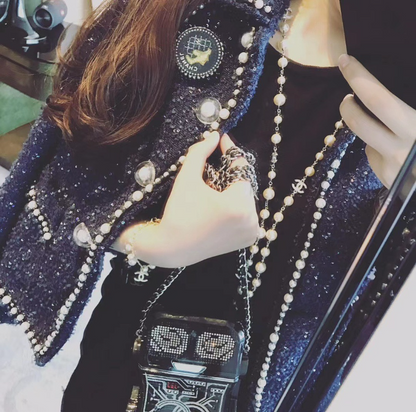 CHN120  Women's Classic Full Diamond C Pearl Necklace Sweater Chain Jewelry