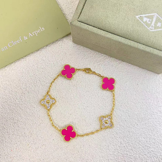 VAB48  New Five Flower Diamond Rose Red Bracelet Jewelry