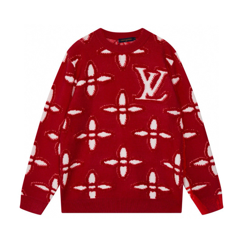 LVC033 New men's and women's autumn and winter cross towel embroidered pattern round neck wool knitted sweater clothing