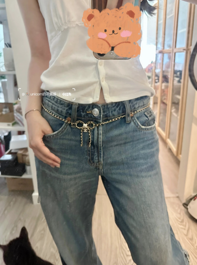 CHN119  Women's new gold double C leather chain bow waist chain/sweater chain jewelry