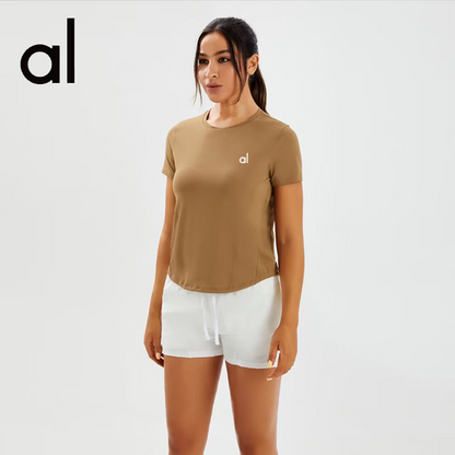 zalo2132   Women's solid color short sleeved round neck quick drying running sports yoga summer top clothing