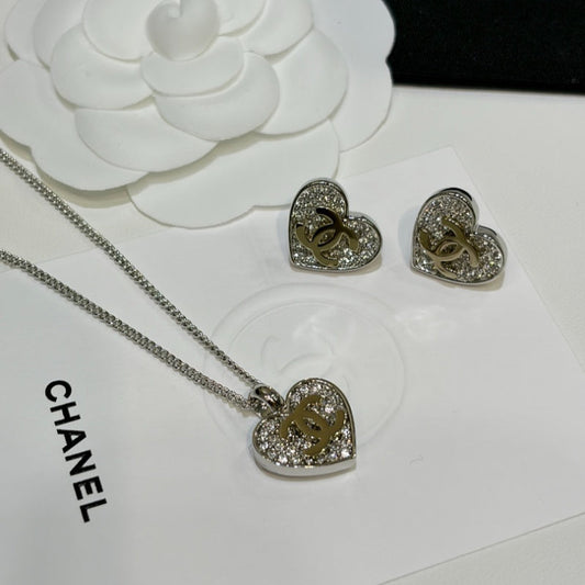 CHN109  Women's 26P Full Diamond Love Double C Earrings Necklace Set Jewelr