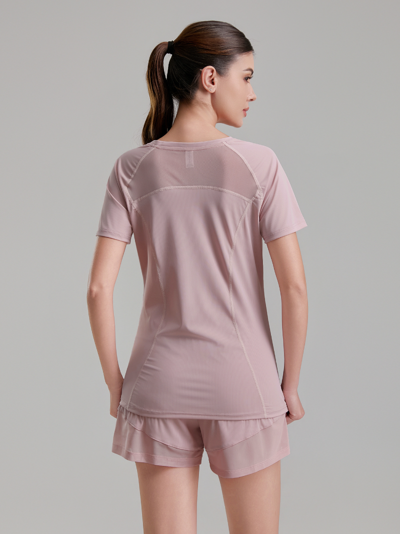 zalo2163   Women's summer clothing round neck mesh splicing refreshing and breathable quick drying clothes anti glare shorts set clothing