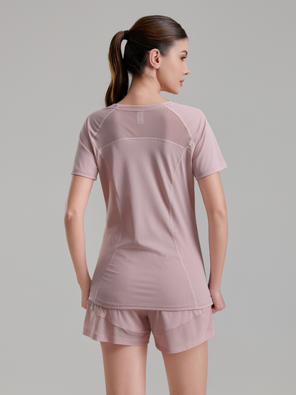 zalo2163   Women's summer clothing round neck mesh splicing refreshing and breathable quick drying clothes anti glare shorts set clothing