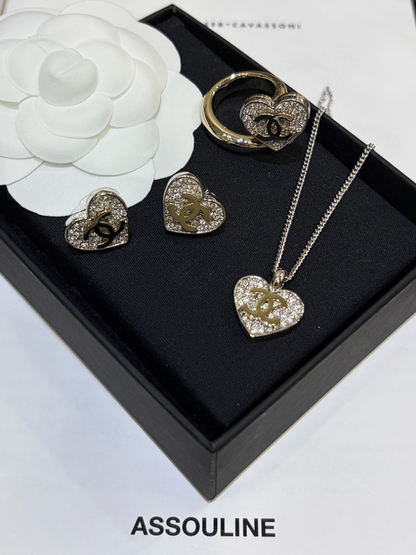 CHN109  Women's 26P Full Diamond Love Double C Earrings Necklace Set Jewelr