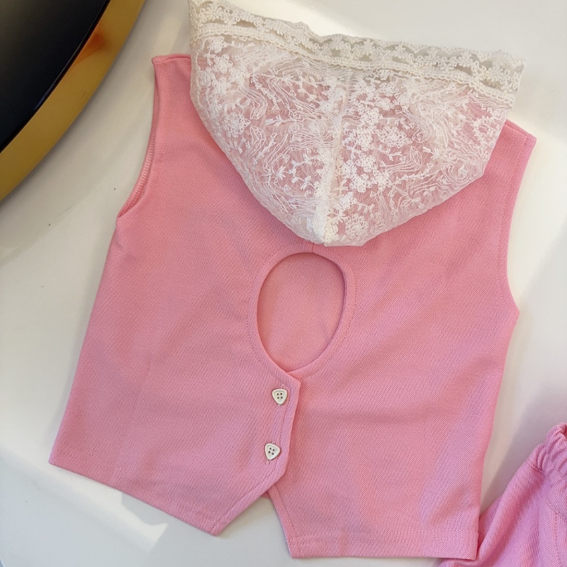 TMIUC1 New girls' summer cotton collar top+cotton shorts set Clothing